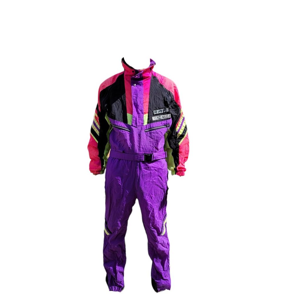 SOLD 1990 Vintage Roffe Demetre Men’s Large One Piece Ski Suit Neon & Black - Picture 4 of 11